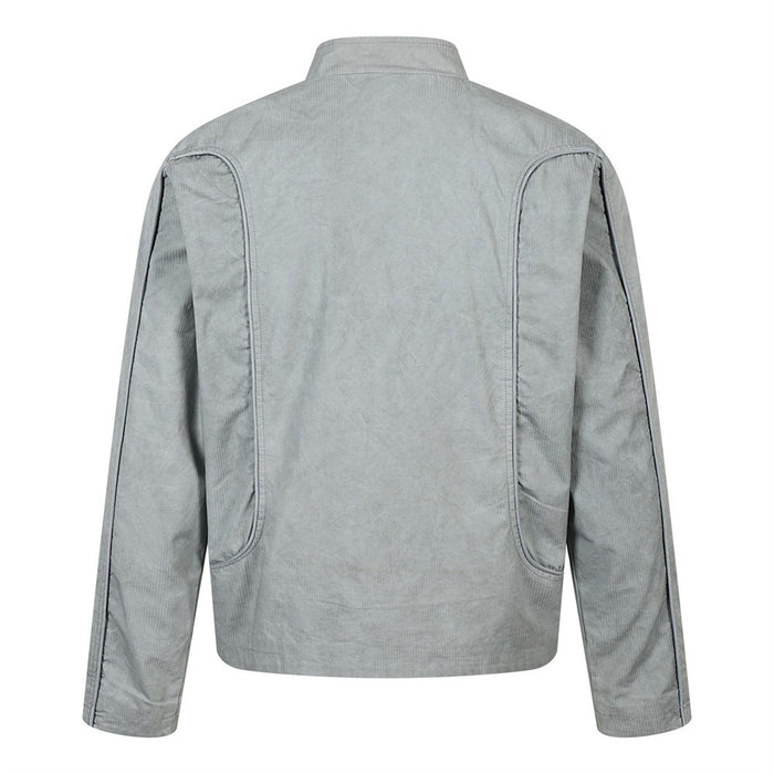Light gray stand collar zip jacket back view with curved side seam panels