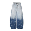 High rise baggy wide-leg jeans with gradient ombre wash and star print detail on lower legs, shown in blue and washed black