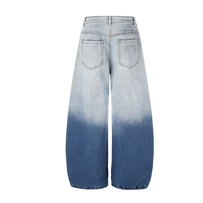 Back view of light blue gradient wash wide-leg jeans with plain rear pockets