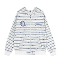 Oversized star print striped zip-up hoodie with embroidered crest in white and navy colorway, front view