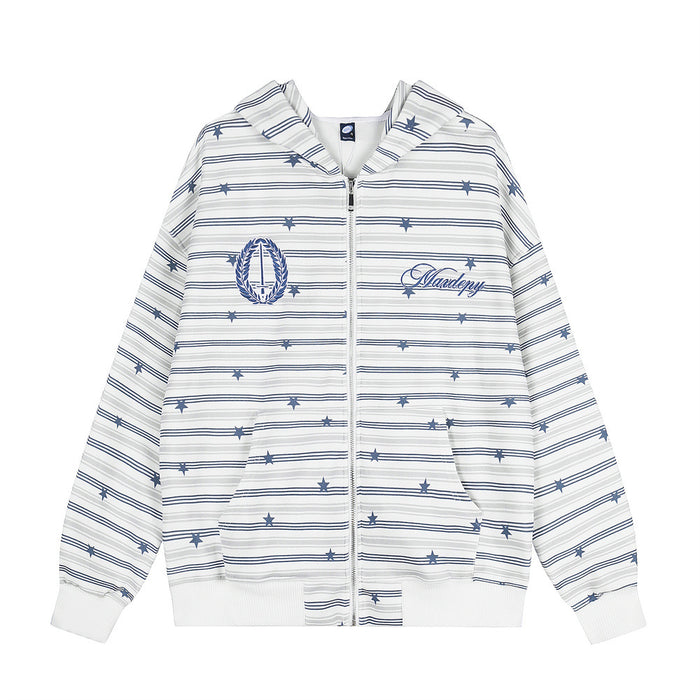 Oversized star print striped zip-up hoodie with embroidered crest in white and navy colorway, front view