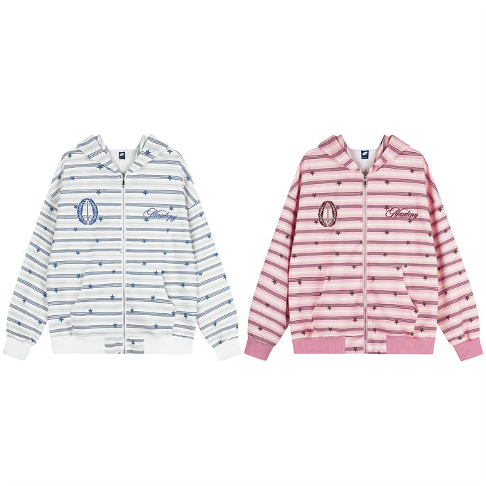 Two striped zip-up hoodies in blue and pink, each featuring scattered star prints and front pockets