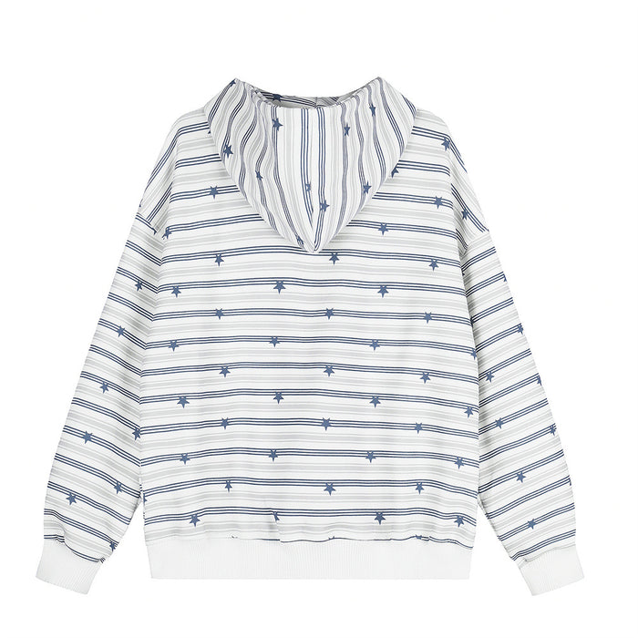 Blue and white striped hoodie with repeating star prints, shown from the back with ribbed cuffs and hem