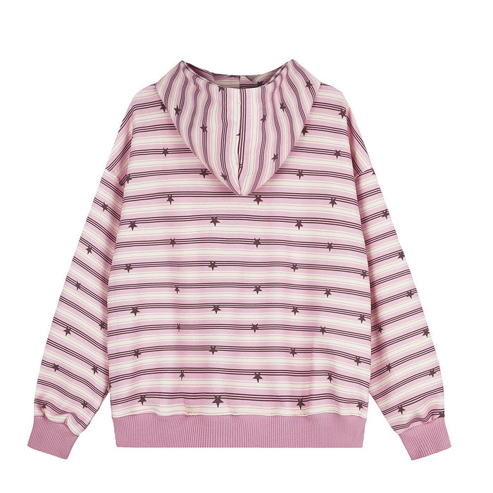 Pink and white striped hoodie back view with scattered star prints, a hood, and ribbed hem and cuffs