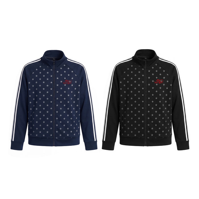 Navy and black star-print track jackets shown from the front with full zips, mock necks and double side stripes
