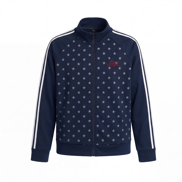 Navy blue star print full-zip track jacket with mock neck collar and white side stripes on sleeves
