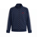 Navy blue star print full-zip track jacket with mock neck collar and white side stripes on sleeves