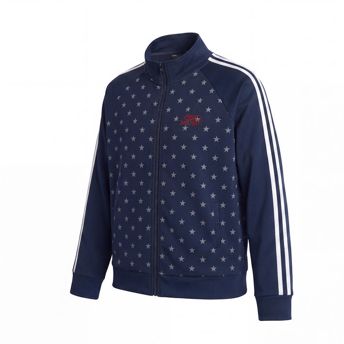 Navy star-print track jacket in an angled front view with full zip, mock neck and double white sleeve stripes