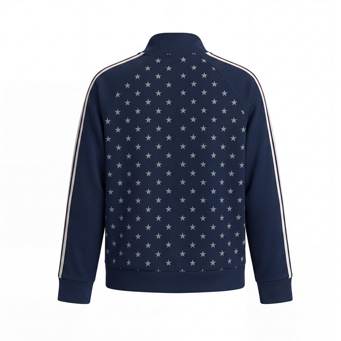 Navy track jacket shown from the back with an all-over gray star print and double sleeve stripes