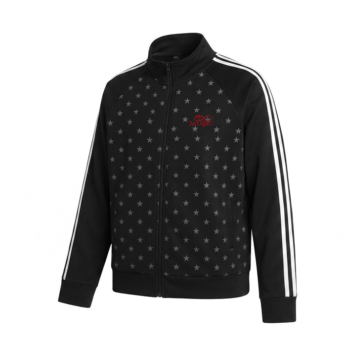 Black star-print track jacket in an angled front view with ribbed cuffs, hem and double sleeve stripes