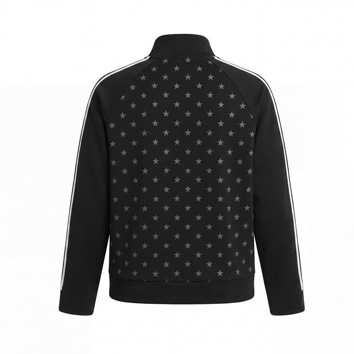 Black track jacket shown from the back with an all-over gray star pattern and double white sleeve stripes