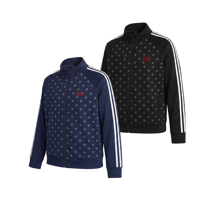 Navy and black star-print track jackets shown together in angled front views with full zips and sleeve stripes