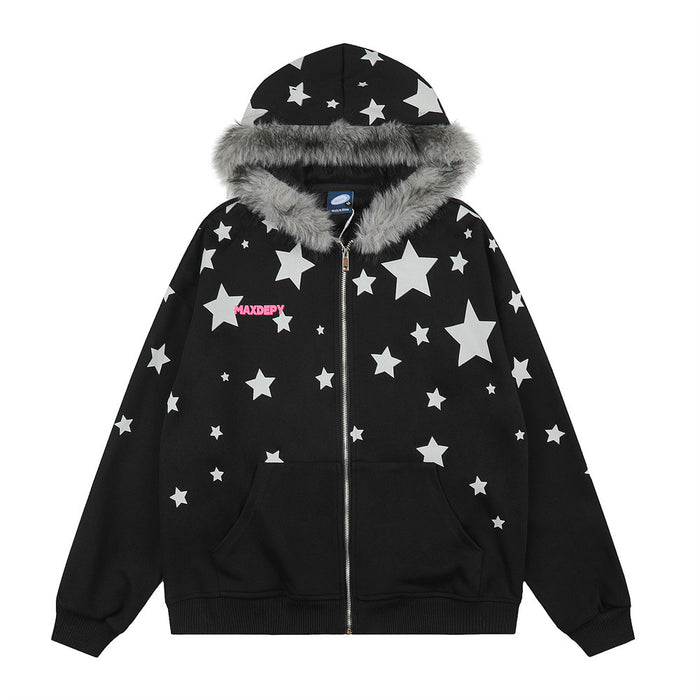 Oversized all-over star print zip-up hoodie with grey faux fur hood trim in black, front view