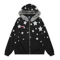 Oversized all-over star print zip-up hoodie with grey faux fur hood trim in black, front view