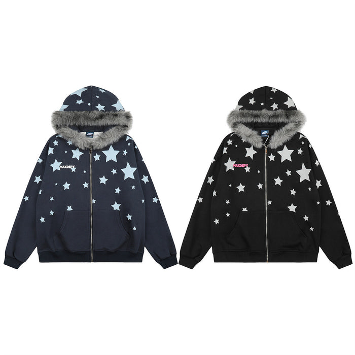 Two star-print zip-up hoodies in navy and black, each with a gray faux fur-trimmed hood