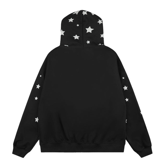 Black star-print zip-up hoodie shown from the back with star-patterned hood and sleeves