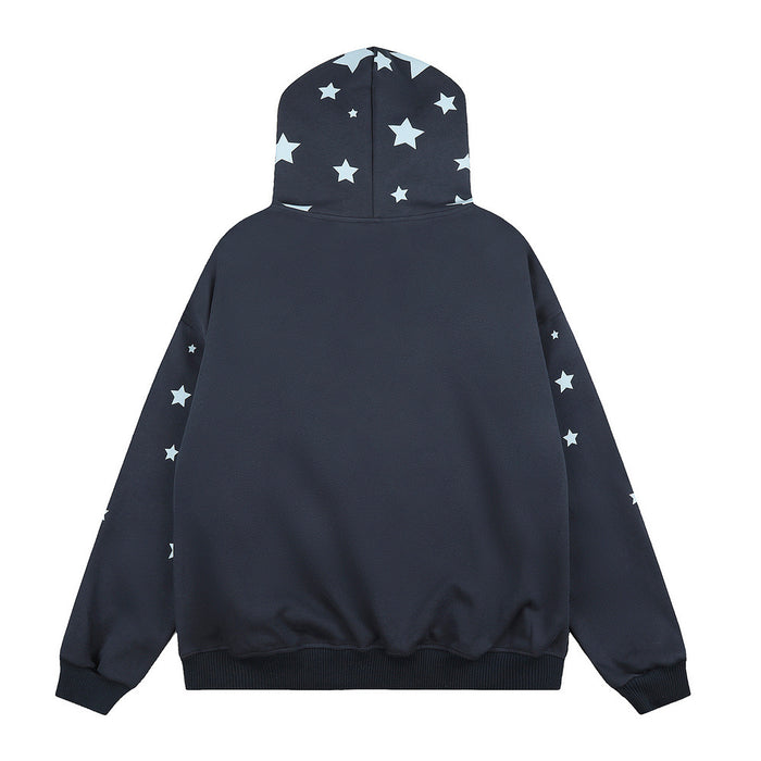Navy star-print zip-up hoodie shown from the back with a plain body and patterned hood and sleeves