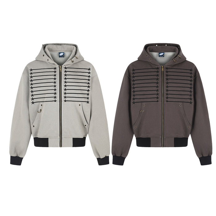 Front view of gray and dark brown zip-up hoodies with black star-and-stripe embroidery, pockets, and ribbed hems