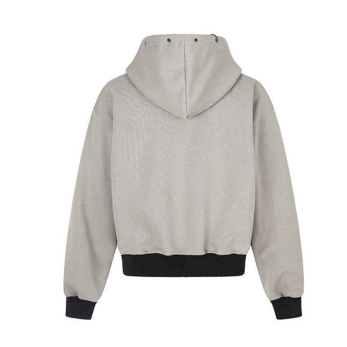 Back view of the gray zip-up hoodie showing its plain back, hood, black ribbed hem, and matching cuffs