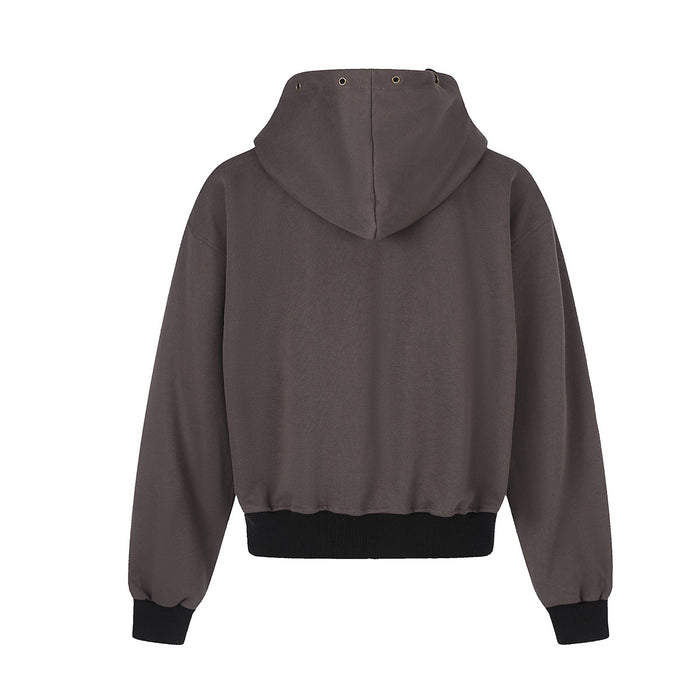 Back view of the dark brown zip-up hoodie showing its plain back, hood, black ribbed hem, and matching cuffs