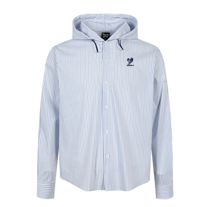 Men's blue and white pinstripe hooded long-sleeve button-up shirt with drawstring hood and embroidered chest logo, relaxed bo