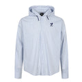 Men's blue and white pinstripe hooded long-sleeve button-up shirt with drawstring hood and embroidered chest logo, relaxed bo