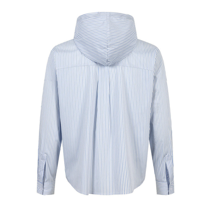 Back view of a light blue and white striped hooded long-sleeve button-up shirt