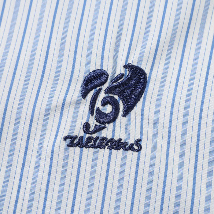 Embroidered dark blue logo on light blue and white striped fabric