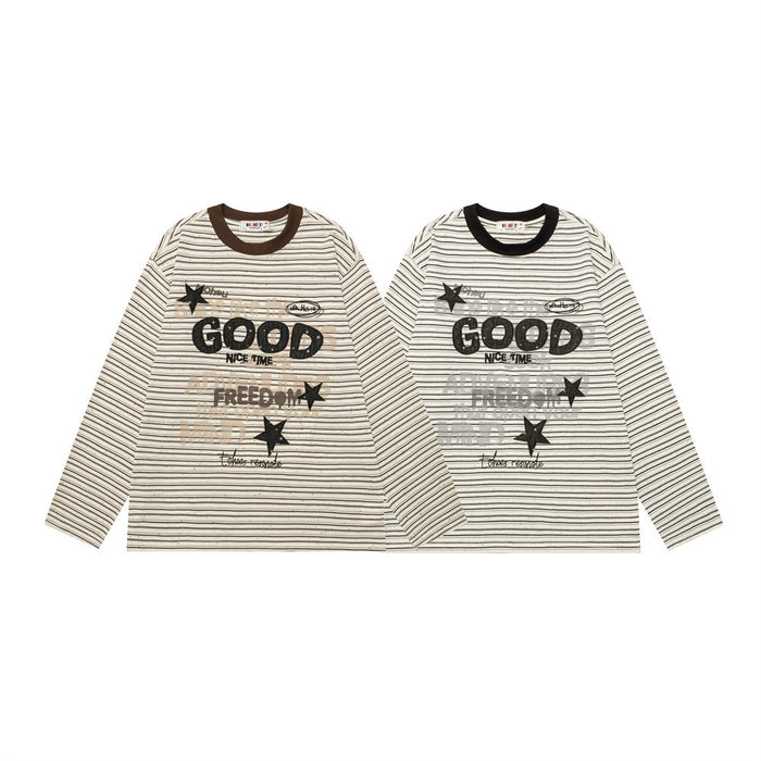 Two cream long-sleeve striped graphic tees shown from the front with brown and black ribbed collars