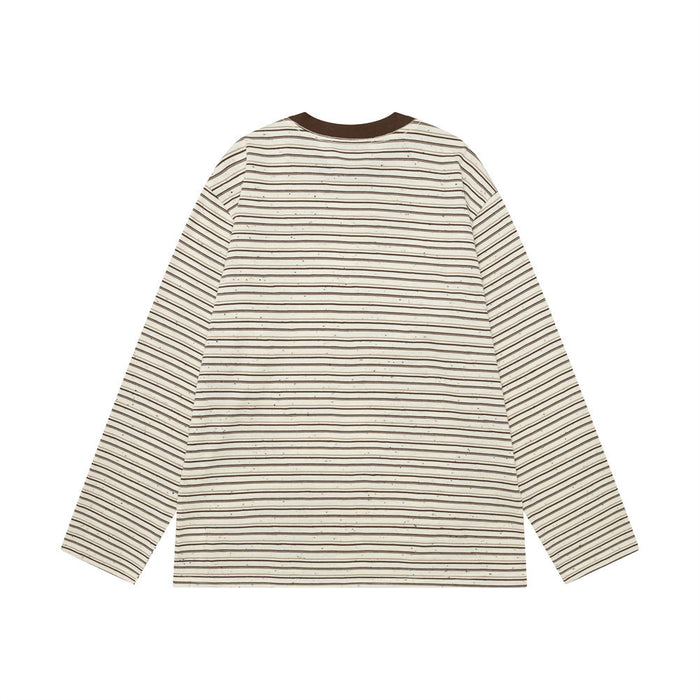 Back view of a cream long-sleeve tee with fine black stripes and a contrasting brown ribbed collar