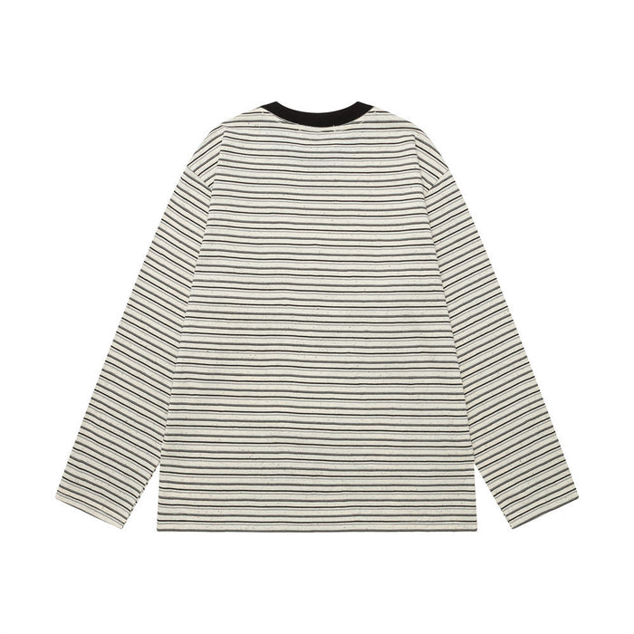 Back view of a cream long-sleeve tee with fine black stripes and a contrasting black ribbed collar