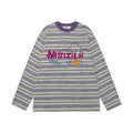 Purple and cream striped long-sleeve shirt shown front-facing with colorful embroidered chest graphic