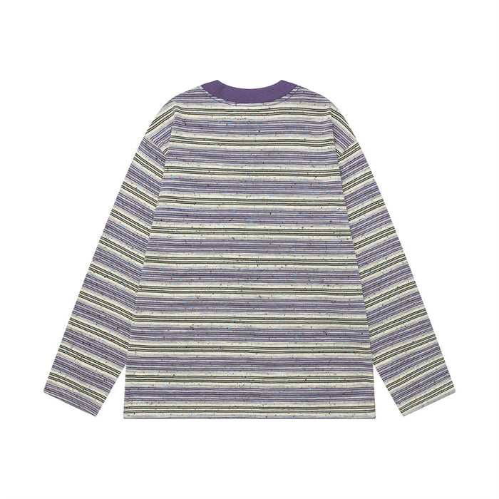 Purple and cream striped long-sleeve shirt shown from the back with purple ribbed collar