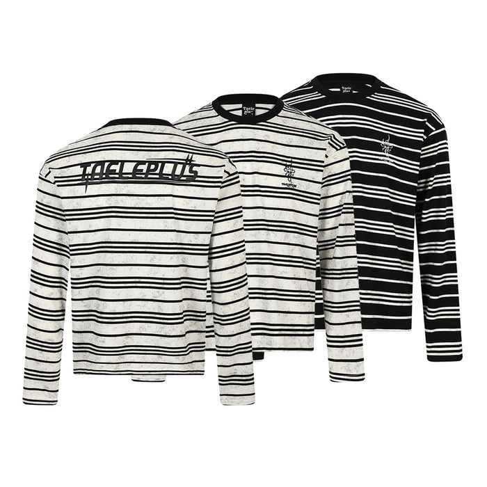 Three striped long-sleeve crew neck T-shirts in black and white, shown front and back