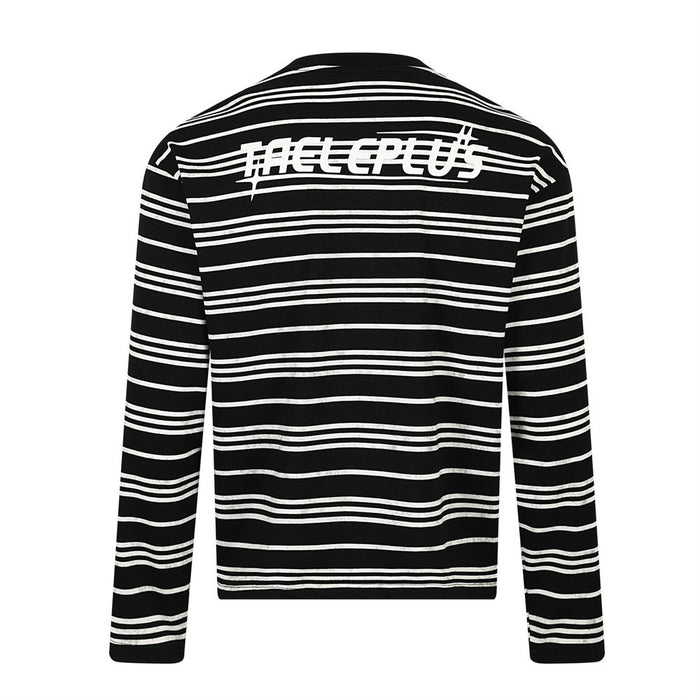 Black striped long-sleeve T-shirt back view with large logo print across the shoulders