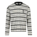 White striped long-sleeve T-shirt front view with small chest logo and black crew neck