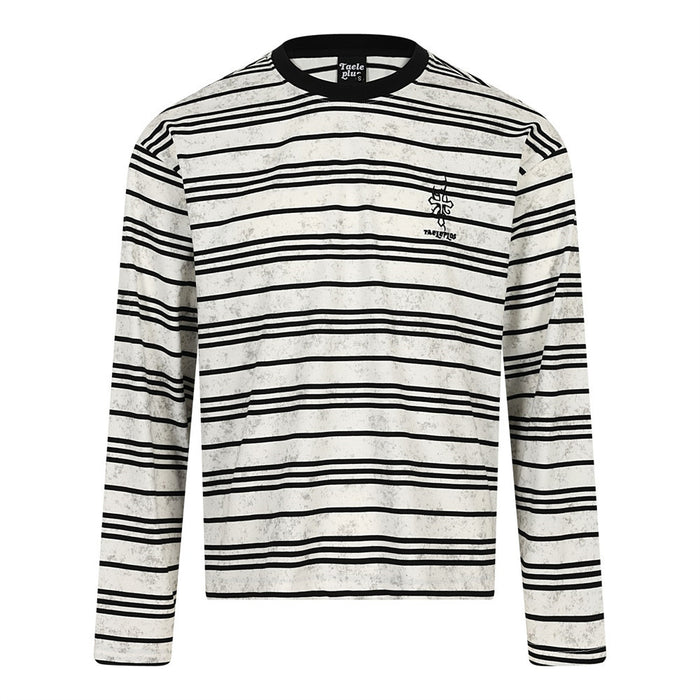 White striped long-sleeve T-shirt front view with small chest logo and black crew neck
