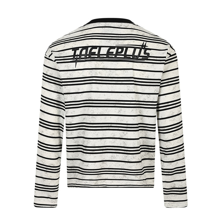White striped long-sleeve T-shirt back view with large logo print across the upper back
