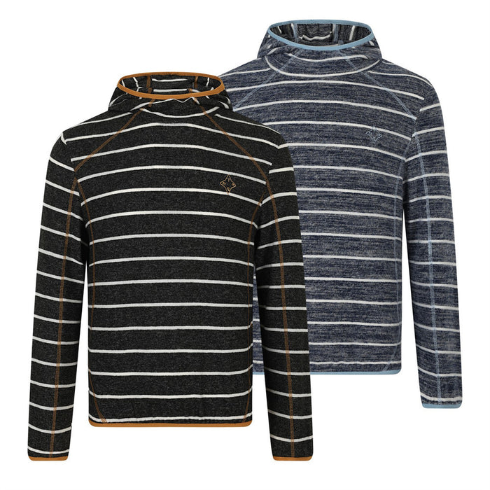 Two striped fleece pullovers shown from the front in black and navy, with long sleeves and contrast stitching