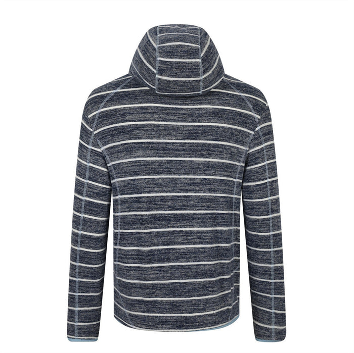 Navy blue striped fleece pullover shown from the back with a raised hood and long sleeves