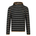 Black striped fleece pullover shown from the front with a raised hood and tan contrast stitching