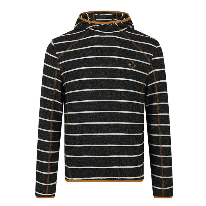 Black striped fleece pullover shown from the front with a raised hood and tan contrast stitching