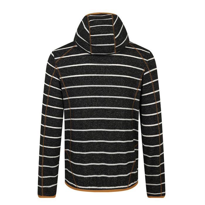 Black striped fleece pullover shown from the back with a raised hood and tan contrast stitching