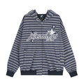 Men's oversized striped zip-up knit hoodie with star and script logo embroidery on chest, shown in navy blue colorway