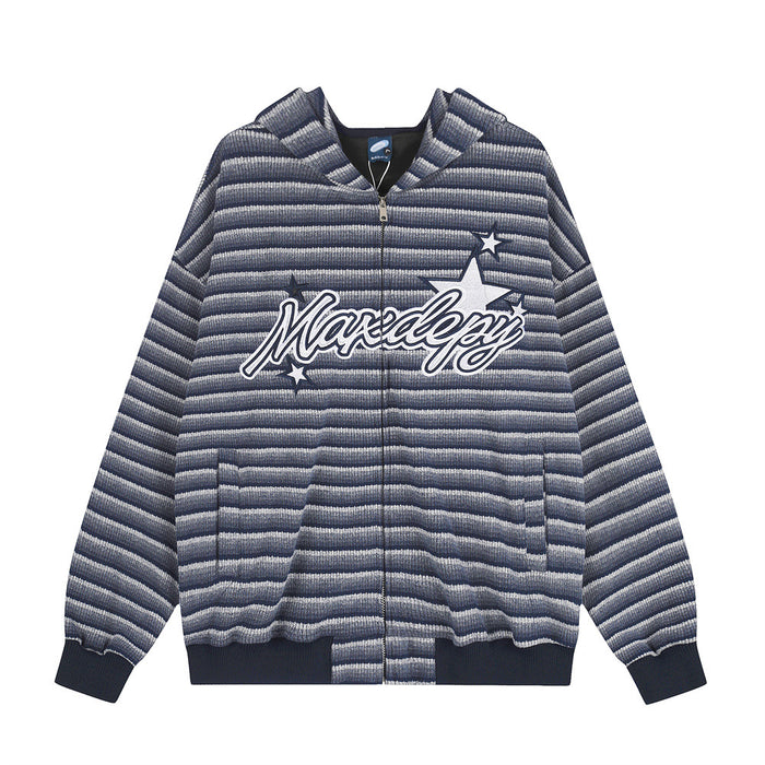 Men's oversized striped zip-up knit hoodie with star and script logo embroidery on chest, shown in navy blue colorway