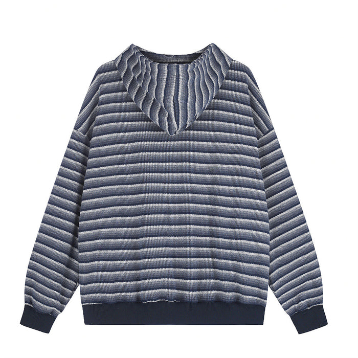 Back view of a navy and gray striped knit hoodie with a folded hood and ribbed hem and cuffs