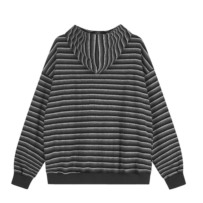 Back view of a black and gray striped knit hoodie with a folded hood and ribbed hem and cuffs