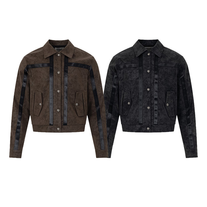 Brown and black suede-texture bomber jackets shown side by side from the front with striped panels and flap pockets