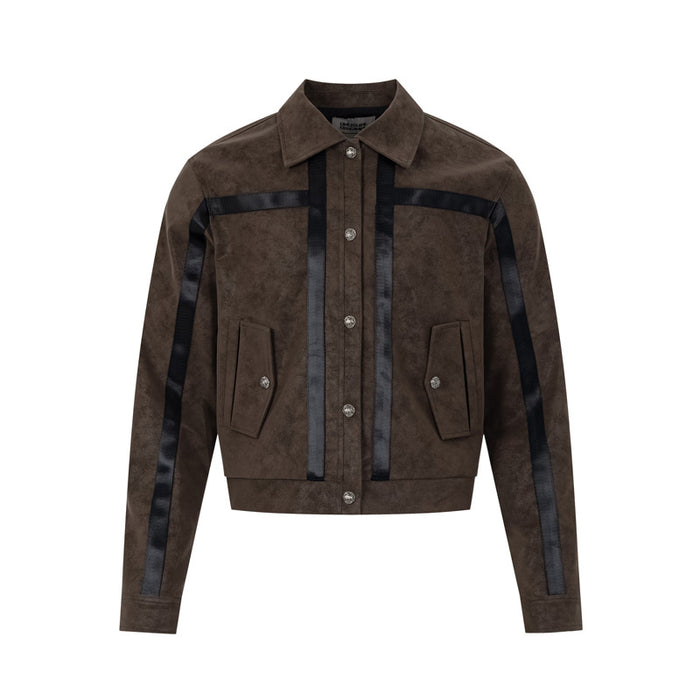 Men's cropped suede-texture bomber jacket with black satin stripe panels and silver snap buttons in brown colorway