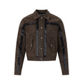 Men's cropped suede-texture bomber jacket with black satin stripe panels and silver snap buttons in brown colorway